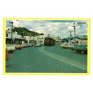 Kawakawa New Zealand Vintage Postcard Downtown Scene Cars Train Mobil Sign